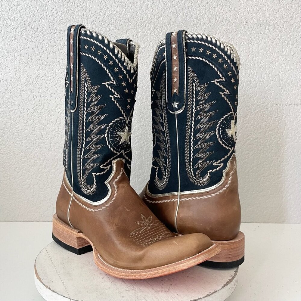 Lane Rodeo Houston Mens Cowboy Boots Brown Navy Blue Western Blunt Toe Size 12D
